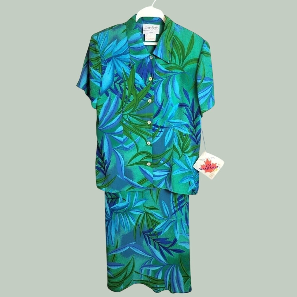 VTG NOS Leslie Belle Dress Set Tropical Leaf Coastal Grandmother Green Blue 8